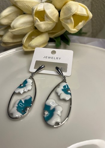 Bohem Kısa Turkuaz Çiçek Küpe - Görsel 3