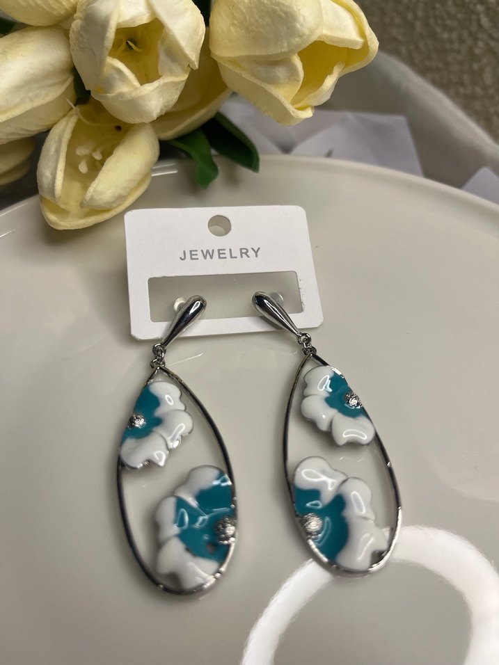 Bohem Kısa Turkuaz Çiçek Küpe - Görsel 4