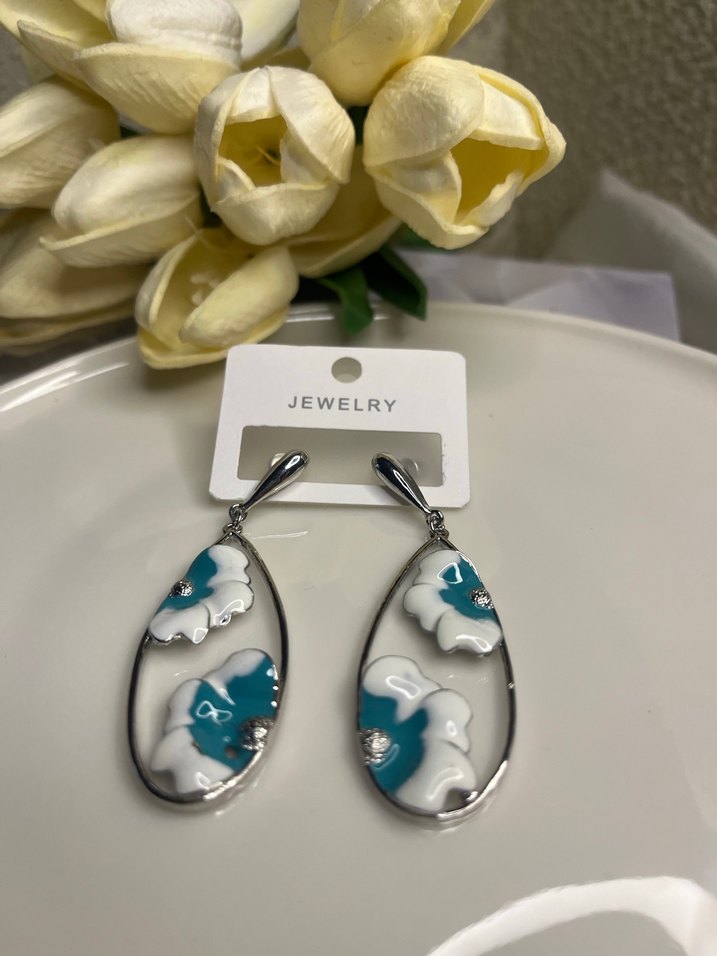 Bohem Kısa Turkuaz Çiçek Küpe - Görsel 2