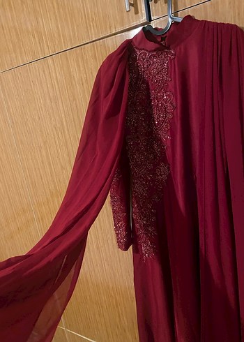 Bordo Nakışlı Uzun Kollu Kadın Abiye - Görsel 5
