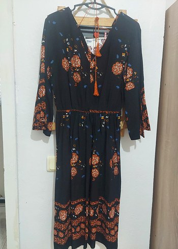 Püsküllü Çok Renkli Uzun Bohem Elbise - Görsel 2