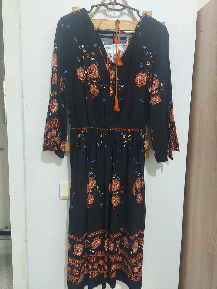 Püsküllü Çok Renkli Uzun Bohem Elbise - Görsel 2