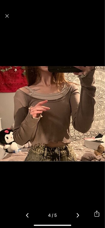 l Beden kahverengi Renk omuzu açık uzun kollu top bluz body tshirt crop
