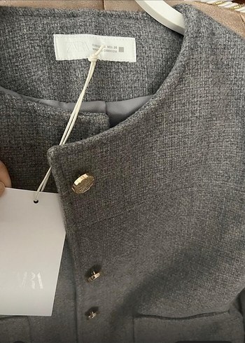 Zara Düğmeli Kısa Gri Kadın Keten Ceket - Görsel 3