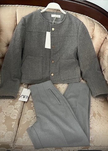 Zara Düğmeli Kısa Gri Kadın Keten Ceket - Görsel 5