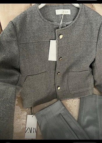 Zara Düğmeli Kısa Gri Kadın Keten Ceket - Görsel 4