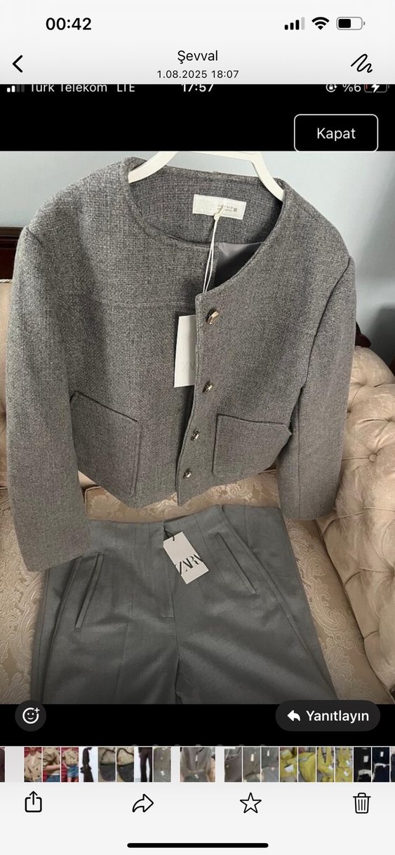 Zara Düğmeli Kısa Gri Kadın Keten Ceket - Görsel 2