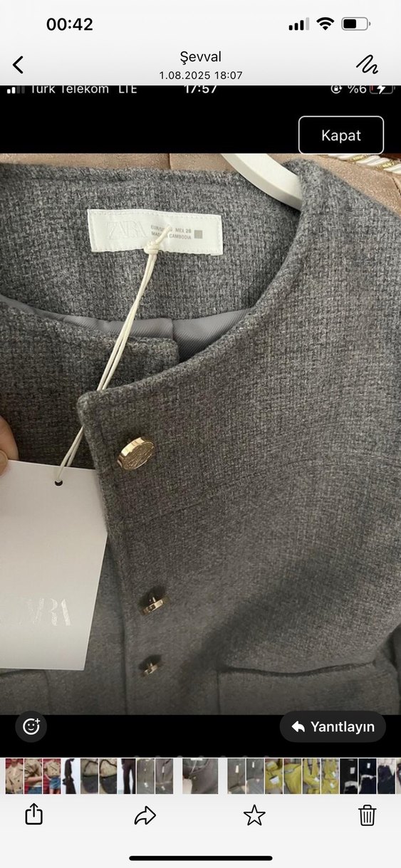 Zara Düğmeli Kısa Gri Kadın Keten Ceket - Görsel 3