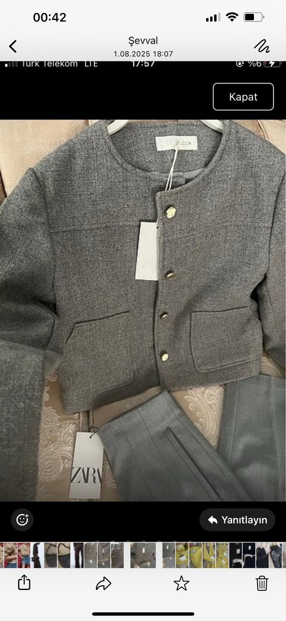 Zara Düğmeli Kısa Gri Kadın Keten Ceket - Görsel 4