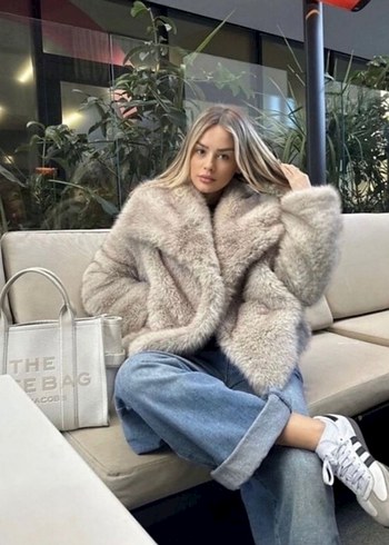 Zara Gri Kısa Peluş Kürk Ceket - Görsel 5