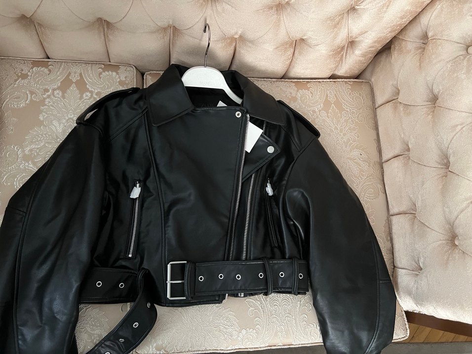 Zara Siyah Deri Kemerli Mini Biker Ceket - Görsel 3