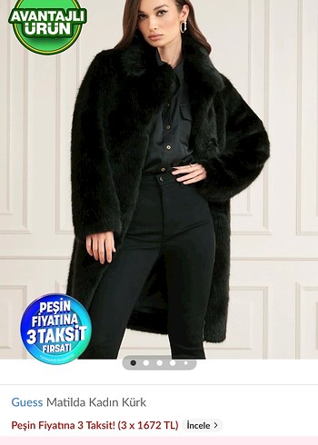 Guess Siyah Midi Boy Kürk Detaylı Kadın Kaban - Görsel 2