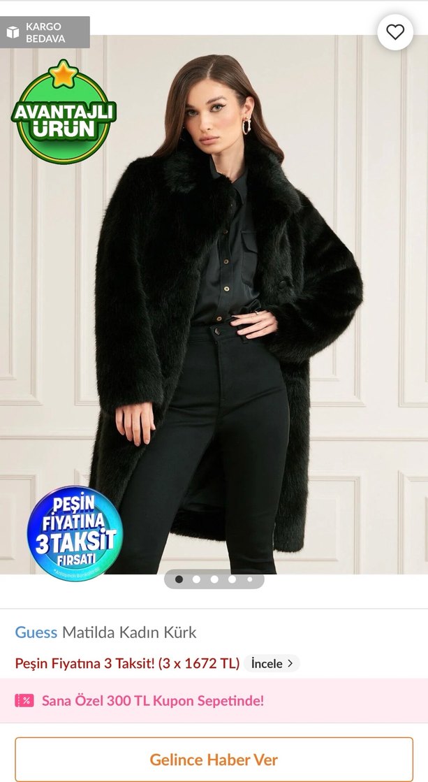 Guess Siyah Midi Boy Kürk Detaylı Kadın Kaban - Görsel 2