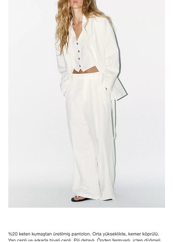 Zara beyaz Keten Kumaş Kadın Pantolon