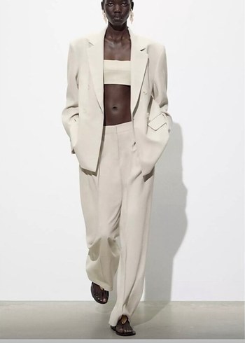 Zara Bej Uzun Kesim Kadin Keten Blazer