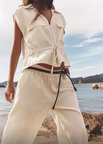 Zara Zara Beyaz Keten Kuşaklı Rahat Pantolon