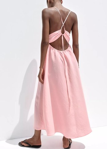 Zara Zara Pembe Askılı V Yaka Uzun Keten Elbise