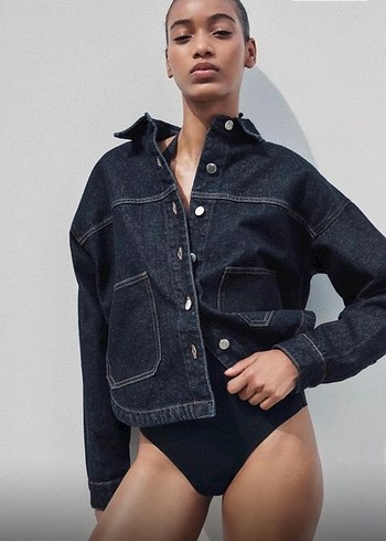 s Beden Zara Düğmeli Siyah Kadın Denim Ceket