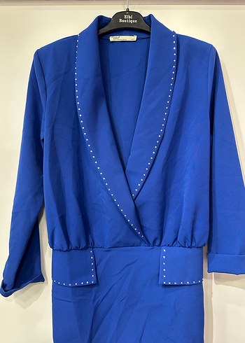 Uzun Kollu Mavi Kadın Ceket Elbise - Görsel 3