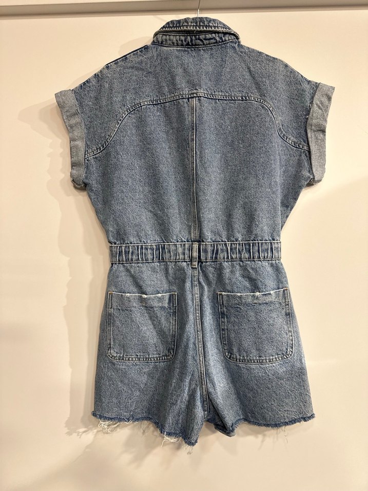 Düğmeli Kısa Kot Tulum - Görsel 3