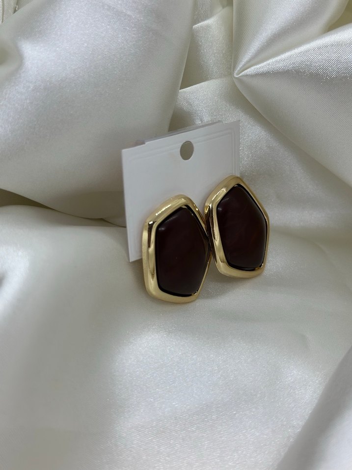 Kahverengi Midi Düğmeli Kadın Küpe - Görsel 3