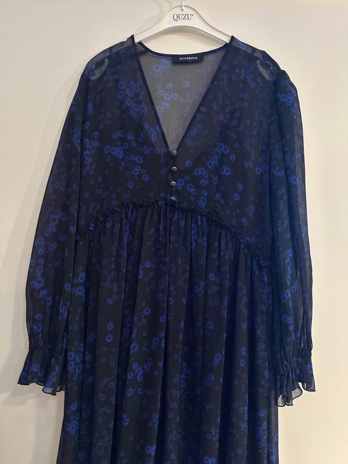 Lacivert V Yaka Pilili Uzun Elbise - Görsel 2