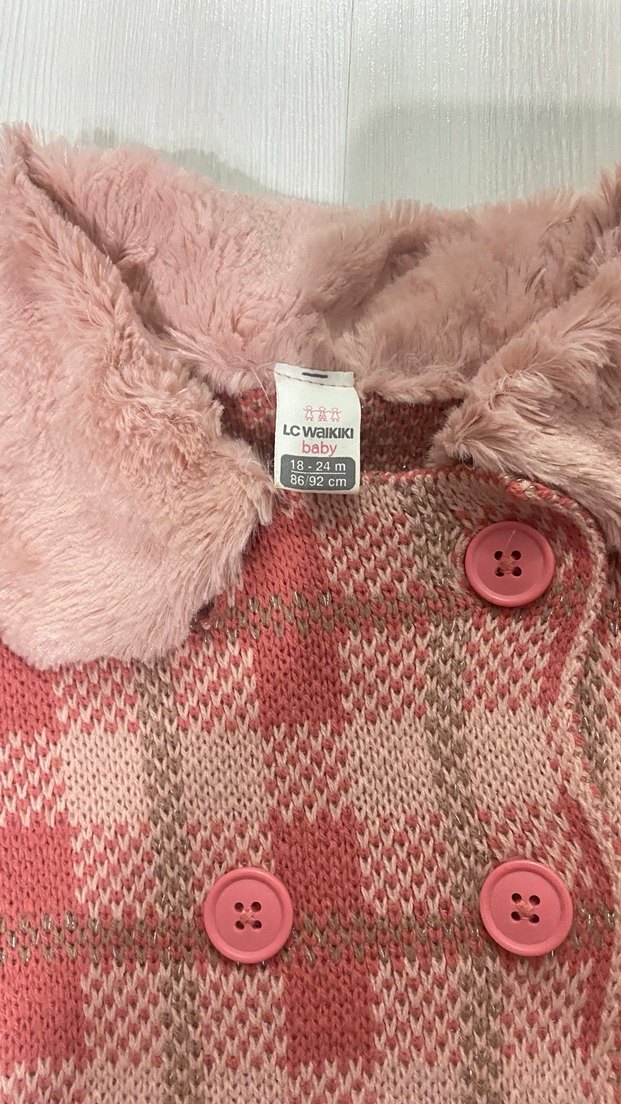 Kız Çocuk Pembe Ekose Yün Palto - Görsel 2