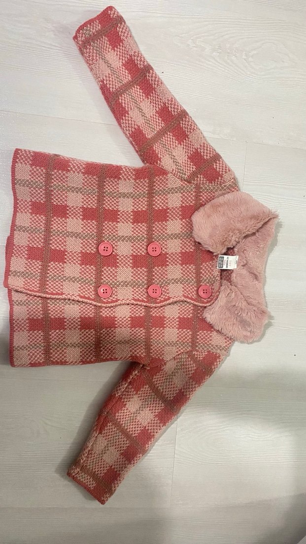 Kız Çocuk Pembe Ekose Yün Palto - Görsel 3