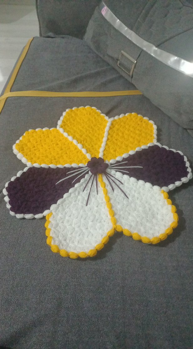 Sarı, Beyaz ve Mor Çiçek Desenli El Örgüsu lif - Görsel 2