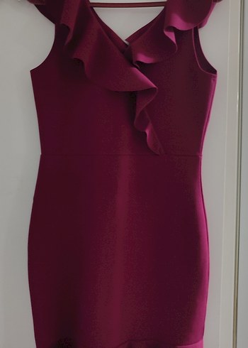 Bordo V Yakalı Fırfırlı Midi Abiye Elbise - Görsel 2