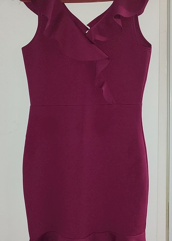 Bordo V Yakalı Fırfırlı Midi Abiye Elbise - Görsel 3