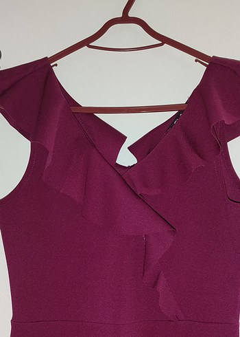 Bordo V Yakalı Fırfırlı Midi Abiye Elbise - Görsel 5