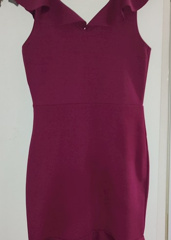 Bordo V Yakalı Fırfırlı Midi Abiye Elbise - Görsel 4