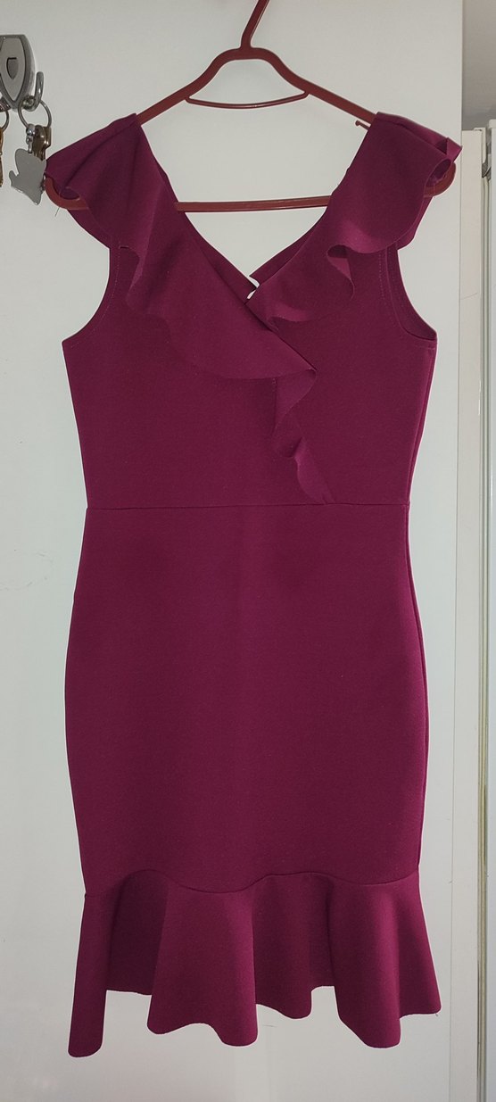 Bordo V Yakalı Fırfırlı Midi Abiye Elbise - Görsel 3