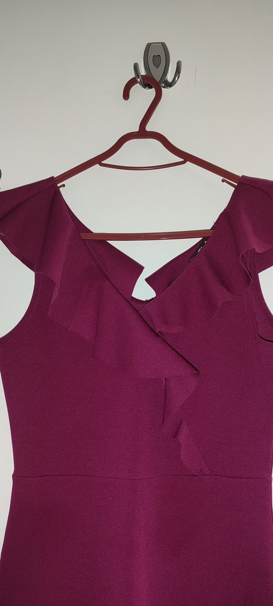 Bordo V Yakalı Fırfırlı Midi Abiye Elbise - Görsel 5