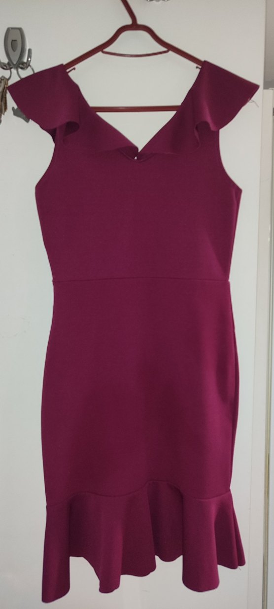 Bordo V Yakalı Fırfırlı Midi Abiye Elbise - Görsel 4