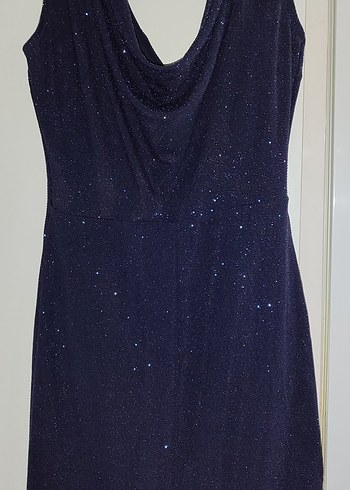 Parlak Lacivert V Yaka Midi Abiye Elbise - Görsel 2