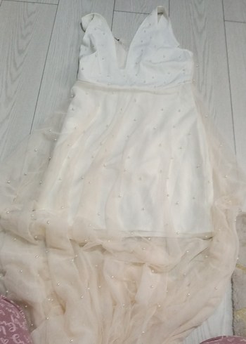 Uzun Beyaz V Yakalı Mini Gelinlik - Görsel 2