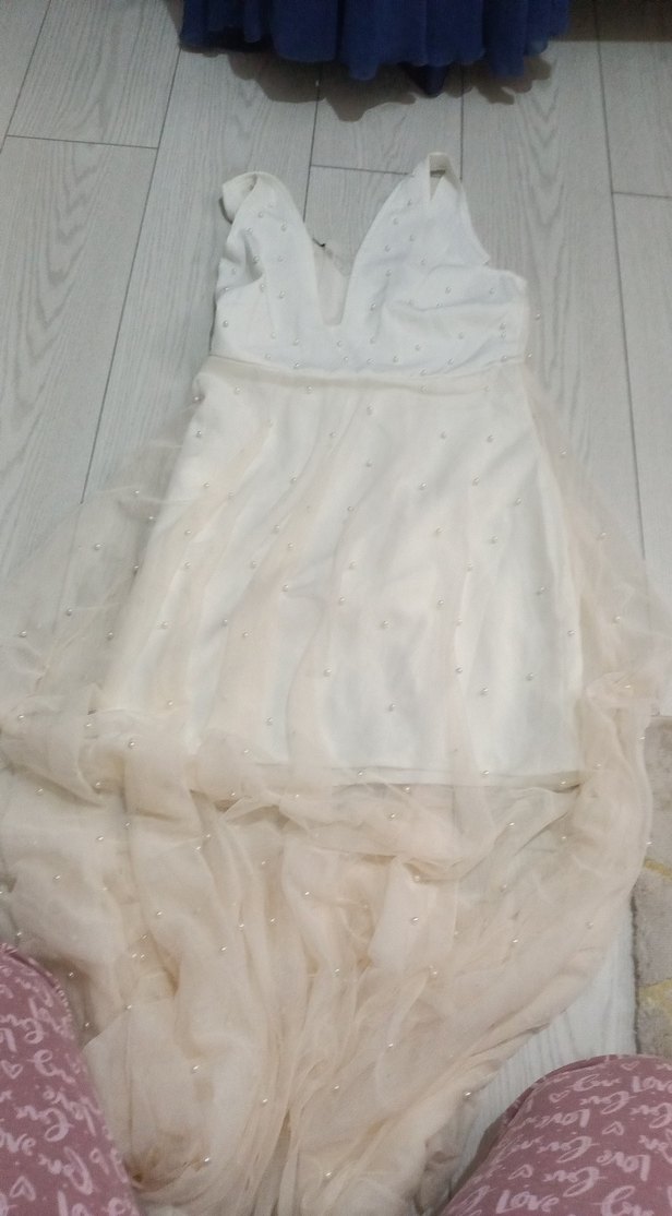 Uzun Beyaz V Yakalı Mini Gelinlik - Görsel 2