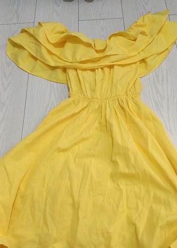 Sarı Uzun Keten Elbise, Fırfırlı, Kayık Yaka - Görsel 2