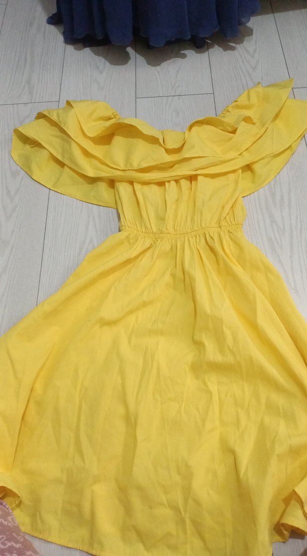 Sarı Uzun Keten Elbise, Fırfırlı, Kayık Yaka - Görsel 2