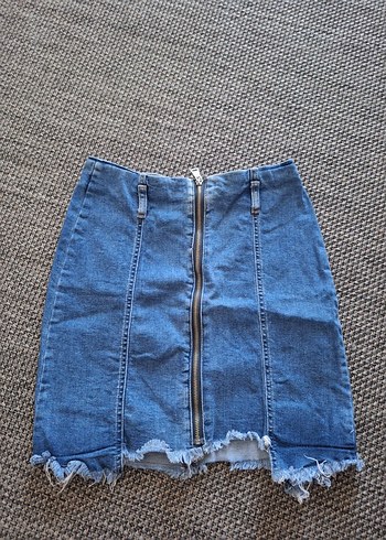 Fermuarlı Mavi Denim Mini Etek