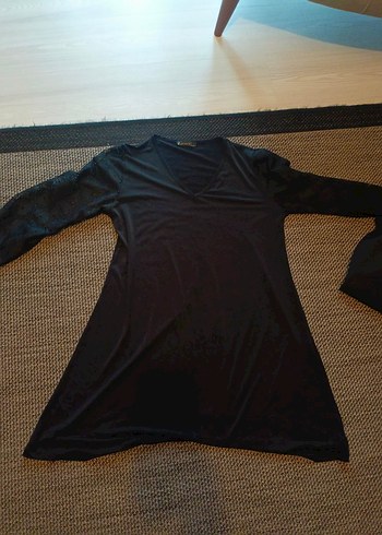 Siyah V Yaka Uzun dantel kollu , diz üzerinde - Görsel 5