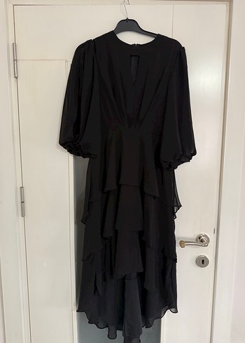 Siyah Uzun Kat Katlı V Yaka Kadın Elbise - Görsel 3