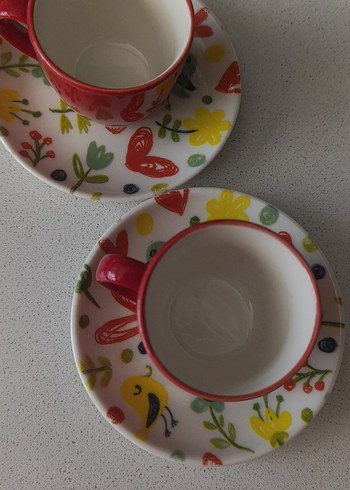 Renkli Desenli Tabaklı Kırmızı Fincan Seti - Görsel 5