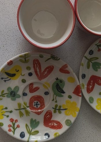 Renkli Desenli Tabaklı Kırmızı Fincan Seti - Görsel 3