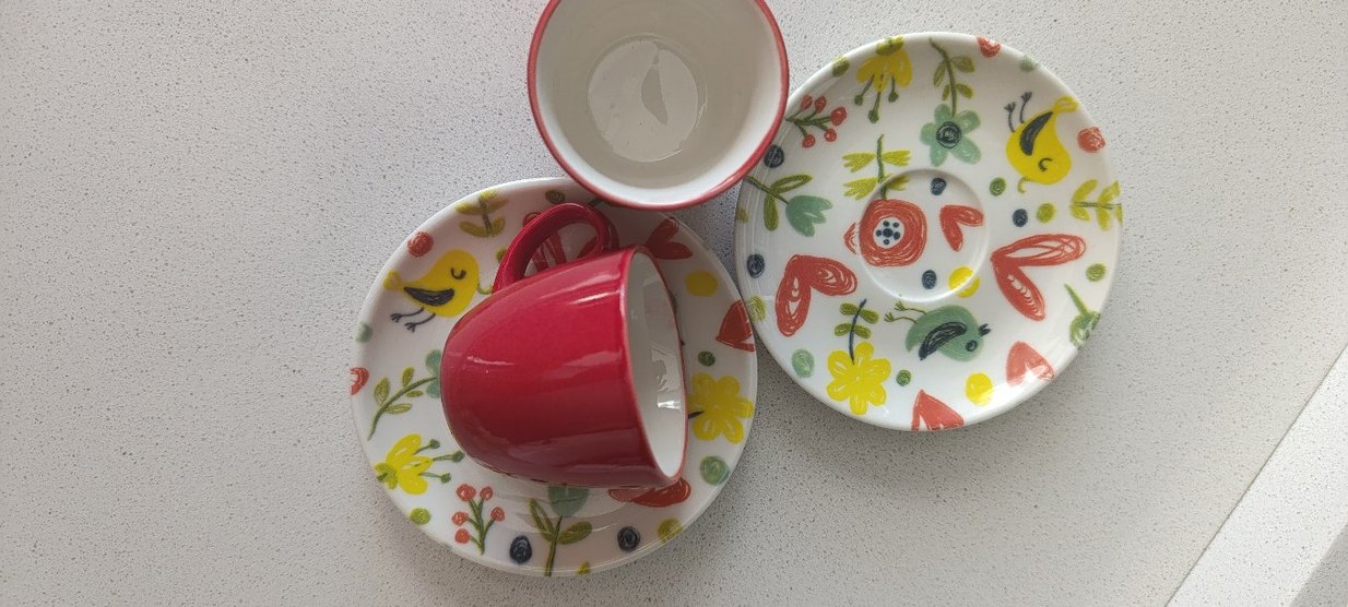 Renkli Desenli Tabaklı Kırmızı Fincan Seti - Görsel 2