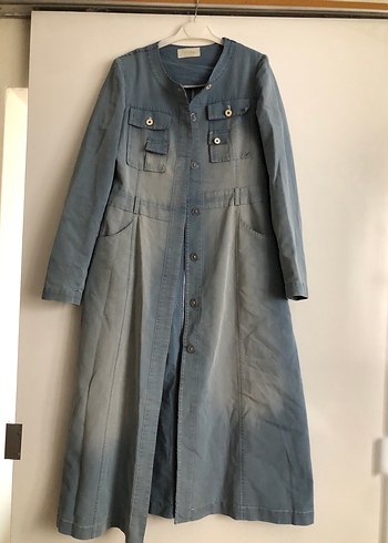 Düğmeli Uzun Mavi Denim Ceket