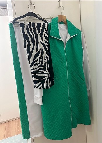 Yeşil Uzun Kadın Mont Zebra Desenli