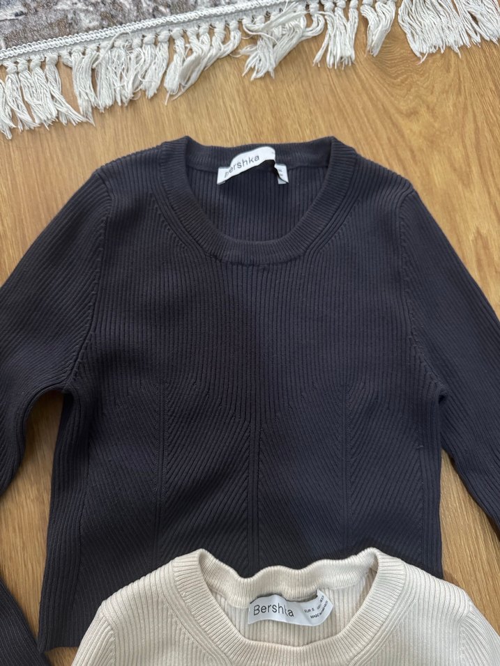 Bej ve Gri Örgü Kadın Kazak - Görsel 2